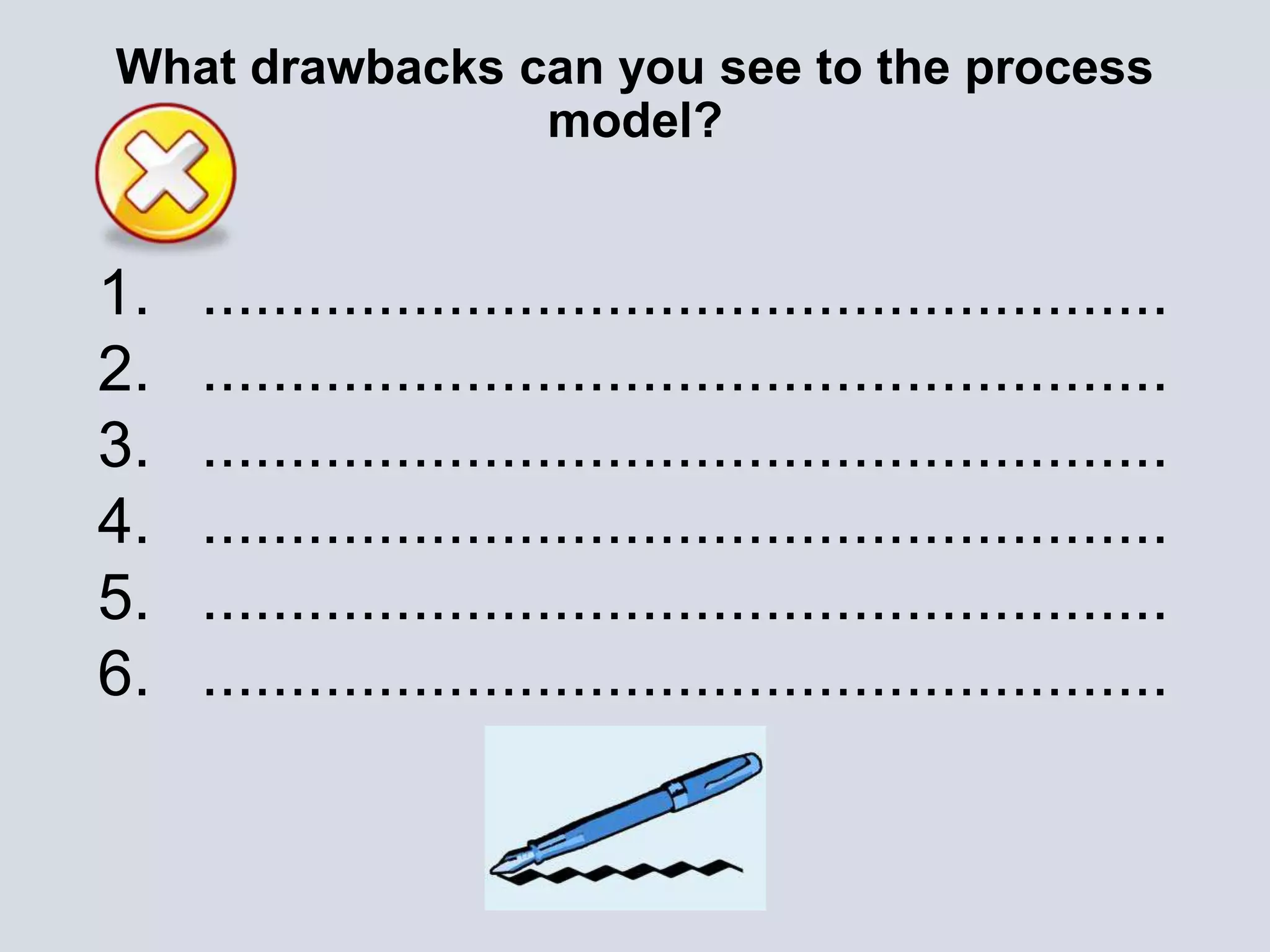 What drawbacks can you see to the process
model?
1. .......................................................
2. .......................................................
3. .......................................................
4. .......................................................
5. .......................................................
6. .......................................................
 