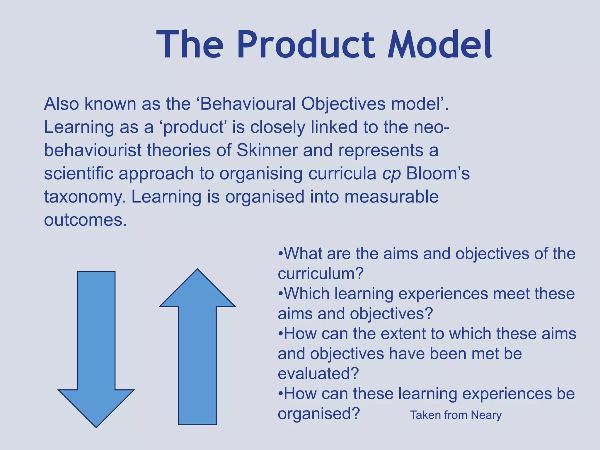 The Product Model
Also known as the ‘Behavioural Objectives model’.
Learning as a ‘product’ is closely linked to the neo-
behaviourist theories of Skinner and represents a
scientific approach to organising curricula cp Bloom’s
taxonomy. Learning is organised into measurable
outcomes.
•What are the aims and objectives of the
curriculum?
•Which learning experiences meet these
aims and objectives?
•How can the extent to which these aims
and objectives have been met be
evaluated?
•How can these learning experiences be
organised? Taken from Neary
 