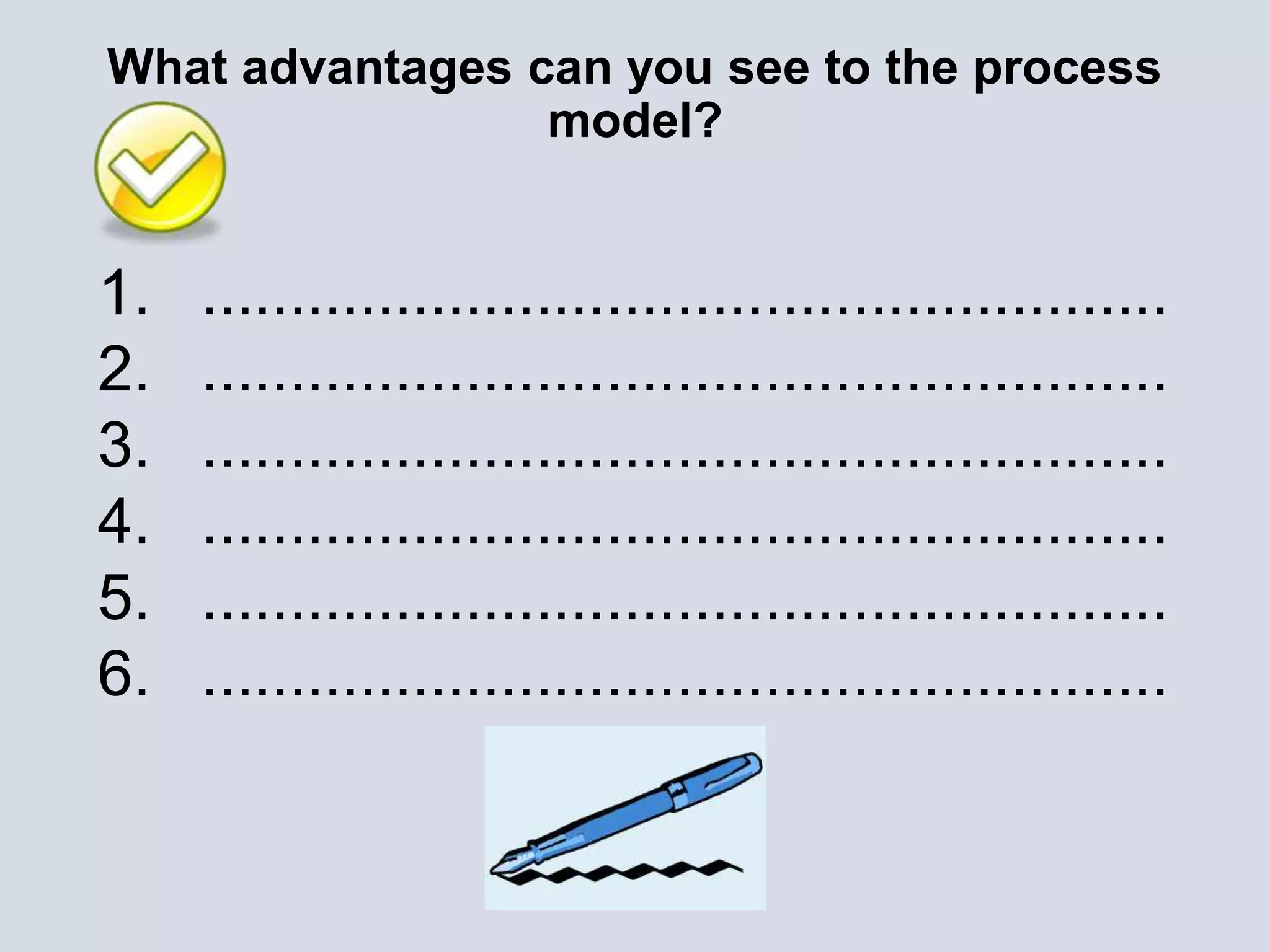 What advantages can you see to the process
model?
1. .......................................................
2. .......................................................
3. .......................................................
4. .......................................................
5. .......................................................
6. .......................................................
 