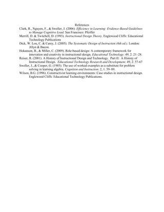 References
Clark, R., Nguyen, F., & Sweller, J. (2006). Efficiency in Learning: Evidence-Based Guidelines
to Manage Cognitive Load. San Francisco: Pfeiffer
Merrill, D. & Twitchell, D. (1993). Instructional Design Theory. Englewood Cliffs: Educational
Technology Publications
Dick, W. Lou, C. & Carey, J. (2005). The Systematic Design of Instruction (6th ed.). London:
Allyn & Bacon.
Hokanson, B., & Miller, C. (2009). Role-based design: A contemporary framework for
innovation and creativity in instructional design. Educational Technology. 49, 2. 21–28.
Reiser, R. (2001). A History of Instructional Design and Technology. Part II: A History of
Instructional Design. Educational Technology Research and Development. 49, 2. 57-67
Sweller, J., & Cooper, G. (1985). The use of worked examples as a substitute for problem
solving in learning algebra. Cognition and Instruction. 2, 1. 59–89.
Wilson, B.G. (1996). Constructivist learning environments: Case studies in instructional design.
Englewood Cliffs: Educational Technology Publications.
 