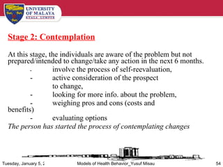 <ul><li>Stage 2: Contemplation </li></ul><ul><li>At this stage, the individuals are aware of the problem but not prepared/...