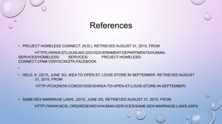 References
• PROJECT HOMELESS CONNECT. (N.D.). RETRIEVED AUGUST 31, 2015, FROM
HTTPS://WWW.STLOUIS-MO.GOV/GOVERNMENT/DEPARTMENTS/HUMAN-
SERVICES/HOMELESS- SERVICES/ PROJECT-HOMELESS-
CONNECT.CFM#.VD8YXCXKZTK.FACEBOOK
•
• HELD, K. (2015, JUNE 30). IKEA TO OPEN ST. LOUIS STORE IN SEPTEMBER. RETRIEVED AUGUST
31, 2015, FROM
HTTP://FOX2NOW.COM/2015/06/30/IKEA-TO-OPEN-ST-LOUIS-STORE-IN-SEPTEMBER/
• SAME-SEX MARRIAGE LAWS. (2015, JUNE 26). RETRIEVED AUGUST 31, 2015, FROM
HTTP://WWW.NCSL.ORG/RESEARCH/HUMAN-SERVICES/SAME-SEX-MARRIAGE-LAWS.ASPX
 