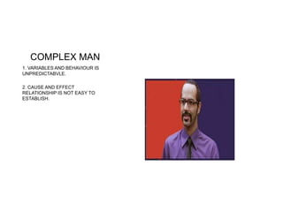 COMPLEX MAN
1. VARIABLES AND BEHAVIOUR IS
UNPREDICTABVLE.
2. CAUSE AND EFFECT
RELATIONSHIP IS NOT EASY TO
ESTABLISH.
 