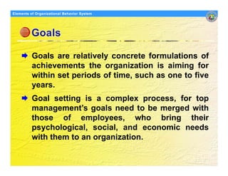 Elements Organizational Behavior
Models of of Organizational Behavior System




          Goals are relatively concrete f...