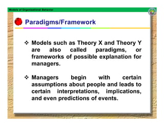 Models of Organizational Behavior




                Models such as Theory X and Theory Y
                are  also   called   paradigms,     or
                frameworks of possible explanation for
                managers.

                Managers     begin      with    certain
                assumptions about people and leads to
                certain interpretations, implications,
                and even predictions of events.
 