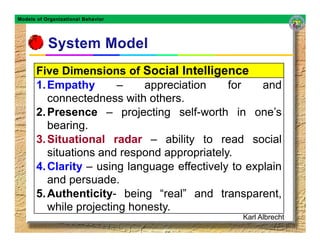 Models of Organizational Behavior




       Five Dimensions of Social Intelligence
       1. Empathy        –    appreciation    for    and
          connectedness with others.
       2. Presence – projecting self-worth in one’s
          bearing.
       3. Situational radar – ability to read social
          situations and respond appropriately.
       4. Clarity – using language effectively to explain
          and persuade.
       5. Authenticity- being “real” and transparent,
          while projecting honesty.
                                                 Karl Albrecht
 