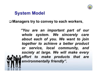 Models of Organizational Behavior




        Managers try to convey to each workers,

                   “You are an important part of our
                    whole system. We sincerely care
                    about each of you. We want to join
                    together to achieve a better product
                    or service, local community, and
                    society at large. We will make every
                    effort to make products that are
                    environmentally friendly”.
 