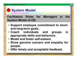 Models of Organizational Behavior




    Facilitators Roles for          Managers   in   the
    System Model of OB
      • Support employee commitment to short-
        and long-term goals.
      • Coach individuals and groups in
        appropriate skills and behaviors.
      • Model and foster self-esteem.
      • Show genuine concern and empathy for
        people.
      • Offer timely and acceptable feedback.
 