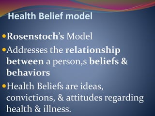 Health Belief model
Rosenstoch’s Model
Addresses the relationship
between a person,s beliefs &
behaviors
Health Beliefs are ideas,
convictions, & attitudes regarding
health & illness.
 