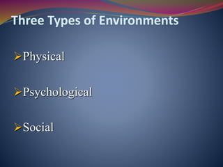 Three Types of Environments
Physical
Psychological
Social
 