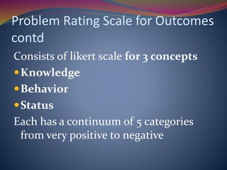 Problem Rating Scale for Outcomes
contd
Consists of likert scale for 3 concepts
Knowledge
Behavior
Status
Each has a continuum of 5 categories
from very positive to negative
 