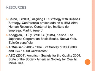 RESOURCES
 Baron, J.(2001), Aligning HR Strategy with Busines
Strategy. Conferencia presentada en el IBM-Airtel
Human Resource Center at tye Instituto de
empresa, Madrid (enero)
 Abegglen, J.C. y Stalk, G. (1985), Kaisha. The
Japanese Corporation.Basic Books, Nueva York.
Edición española.
 ACNielsen (2005), “The ISO Survey of ISO 9000
and ISO 14000 Certificates”
 ASQ (2004), American Society for the Quality 2004.
State of the Society American Society for Quality,
Milwaukee.
 