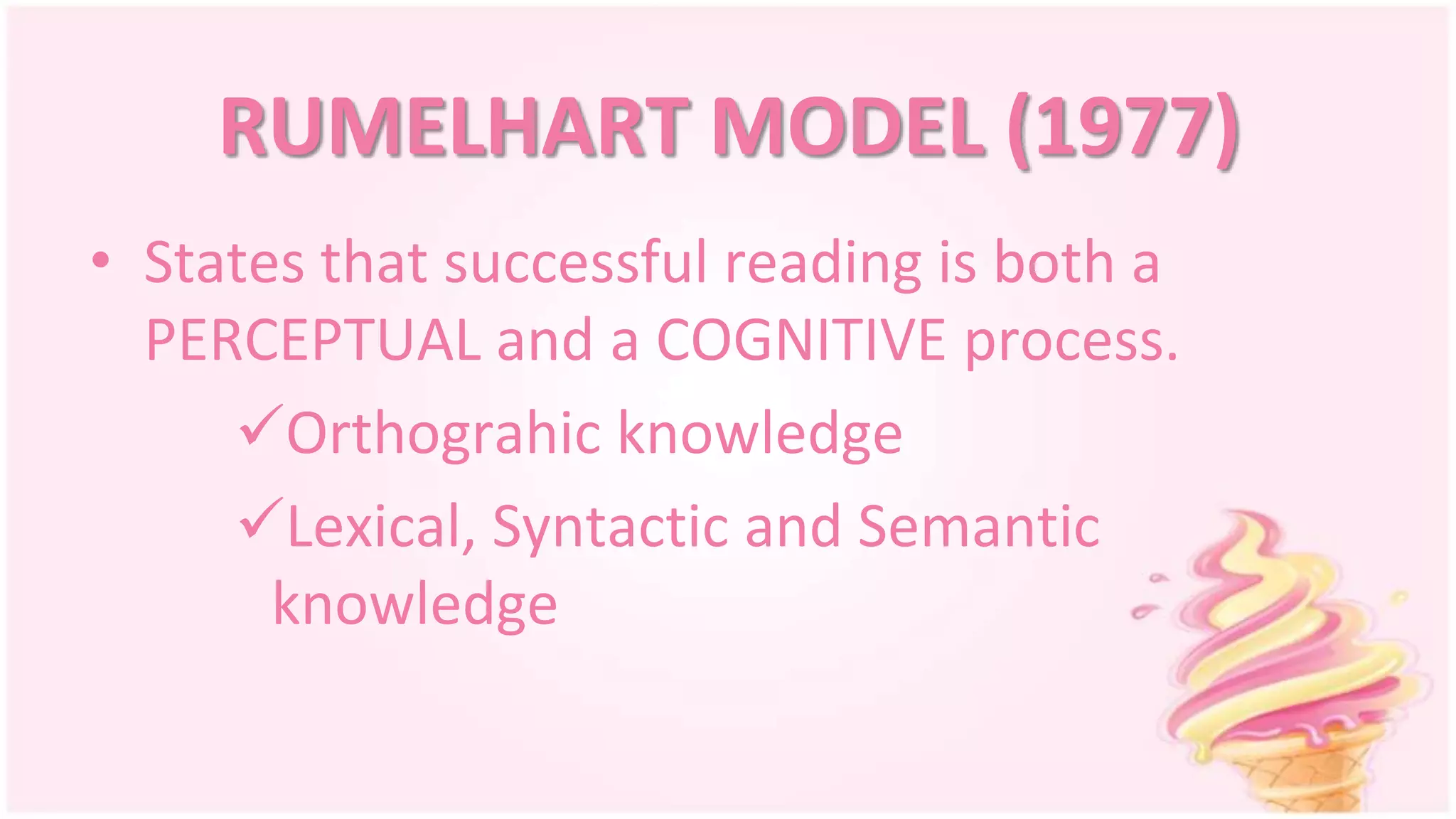 RUMELHART MODEL (1977)
• States that successful reading is both a
PERCEPTUAL and a COGNITIVE process.
Orthograhic knowledge
Lexical, Syntactic and Semantic
knowledge
 
