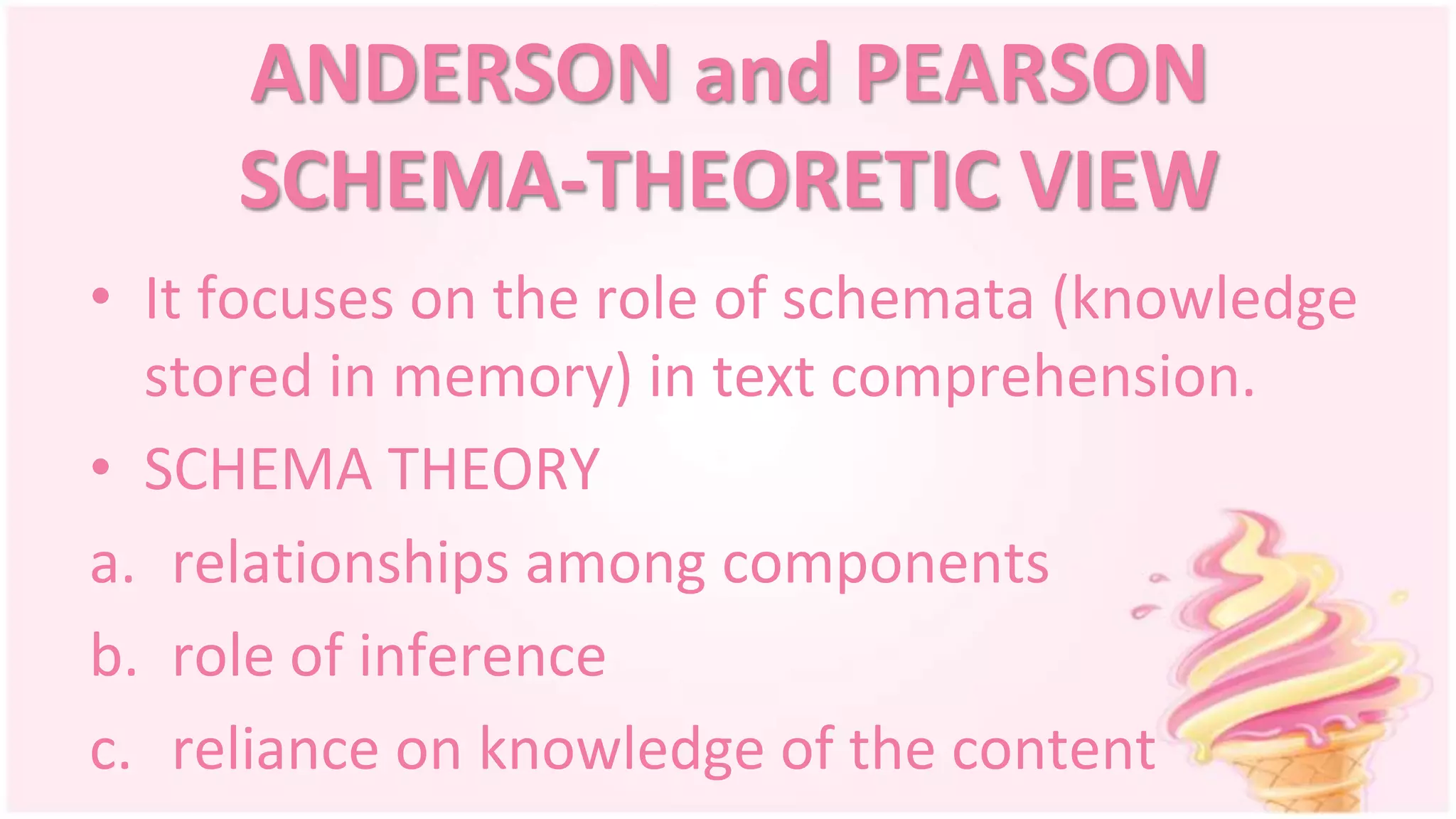 ANDERSON and PEARSON
SCHEMA-THEORETIC VIEW
• It focuses on the role of schemata (knowledge
stored in memory) in text comprehension.
• SCHEMA THEORY
a. relationships among components
b. role of inference
c. reliance on knowledge of the content
 