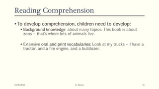 Reading Comprehension
 To develop comprehension, children need to develop:
 Background knowledge about many topics: This book is about
zoos – that's where lots of animals live.
 Extensive oral and print vocabularies: Look at my trucks – I have a
tractor, and a fire engine, and a bulldozer.
10/8/2018 D. Nunez 11
 