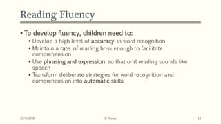 Reading Fluency
 To develop fluency, children need to:
 Develop a high level of accuracy in word recognition
 Maintain a rate of reading brisk enough to facilitate
comprehension
 Use phrasing and expression so that oral reading sounds like
speech
 Transform deliberate strategies for word recognition and
comprehension into automatic skills
10/8/2018 D. Nunez 13
 