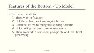 Features of the Bottom - Up Model
 The reader needs to:
1. Identify letter features
2. Link these features to recognize letters
3. Combine letters to recognize spelling patterns
4. Link spelling patterns to recognize words
5. Then proceed to sentence, paragraph, and text- level
processing
10/8/2018 D. Nunez 20
 