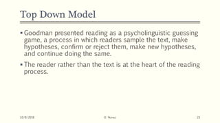 Top Down Model
 Goodman presented reading as a psycholinguistic guessing
game, a process in which readers sample the text, make
hypotheses, confirm or reject them, make new hypotheses,
and continue doing the same.
 The reader rather than the text is at the heart of the reading
process.
10/8/2018 D. Nunez 23
 