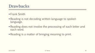 Drawbacks
 Frank Smith
 Reading is not decoding written language to spoken
language.
 Reading does not involve the processing of each letter and
each word.
 Reading is a matter of bringing meaning to print.
10/8/2018 D. Nunez 30
 