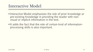 Interactive Model
 Interactive Model emphasizes the role of prior knowledge or
pre-existing knowledge in providing the reader with non-
visual or implicit information in the text.
 It adds the fact that the role of certain kind of information-
processing skills is also important.
10/8/2018 D. Nunez 33
 
