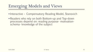 Emerging Models and Views
 Interactive – Compensatory Reading Model, Stanovich
 Readers who rely on both Bottom-up and Top-down
processes depend on: reading purpose- motivation-
schema- knowledge of the subject
10/8/2018 D. Nunez 35
 