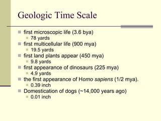 Geologic Time Scale first microscopic life (3.6 bya) 78 yards  first multicellular life (900 mya)  19.5 yards first land plants appear (450 mya)  9.8 yards first appearance of dinosaurs (225 mya) 4.9 yards the first appearance of H omo sapiens  (1/2 mya). 0.39 inch Domestication of dogs (~14,000 years ago) 0.01 inch 