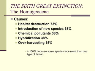 THE SIXTH GREAT EXTINCTION:  The Homogeocene  Causes: Habitat destruction 73%  lntroduction of new species 68%  Chemical pollutants 38%  Hybridization 38%  Over-harvesting 15%  > 100% because some species face more than one type of threat. 
