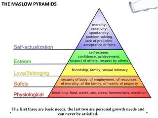THE MASLOW PYRAMIDS

The first three are basic needs; the last two are personal growth needs and
can never be satisfied.

 