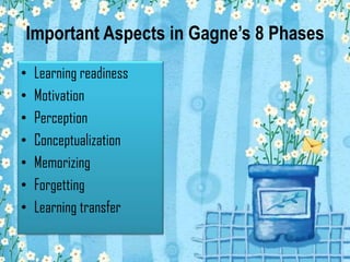Important Aspects in Gagne’s 8 Phases
•
•
•
•
•
•
•

Learning readiness
Motivation
Perception
Conceptualization
Memorizing
Forgetting
Learning transfer

 