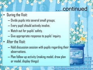 ….continued
• During the Visit:
   – Divide pupils into several small groups.
   – Every pupil should actively involve.
  ...