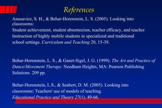 References
Anusavice, S. H., & Behar-Horenstein, L. S. (2005). Looking into
classrooms:
Student achievement, student absenteeism, teacher efficacy, and teacher
Instruction of highly mobile students in specialized and traditional
school settings. Curriculum and Teaching 20, 15-39.


Behar-Horenstein, L. S., & Ganet-Sigel, J. G. (1999). The Art and Practice of
Dance/Movement Therapy. Needham Heights, MA: Pearson Publishing
Solutions. 209 pp.

Behar-Horenstein, L.S., & Seabert, D. M. (2005). Looking into
classrooms: Teachers' use of models of teaching.
Educational Practice and Theory 27(1), 49-66.
 