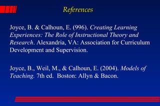 References

Joyce, B. & Calhoun, E. (996). Creating Learning
Experiences: The Role of Instructional Theory and
Research. Alexandria, VA: Association for Curriculum
Development and Supervision.

Joyce, B., Weil, M., & Calhoun, E. (2004). Models of
Teaching. 7th ed. Boston: Allyn & Bacon.
 