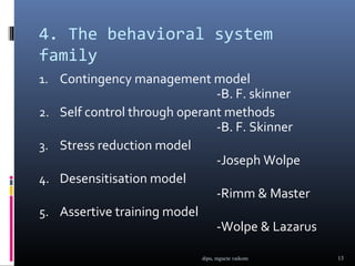 4. The behavioral system
family
1. Contingency management model
                                -B. F. skinner
2.   Self control through operant methods
                                -B. F. Skinner
3.   Stress reduction model
                                -Joseph Wolpe
4.   Desensitisation model
                                -Rimm & Master
5.   Assertive training model
                                -Wolpe & Lazarus

                            dipu, mgucte vaikom    13
 
