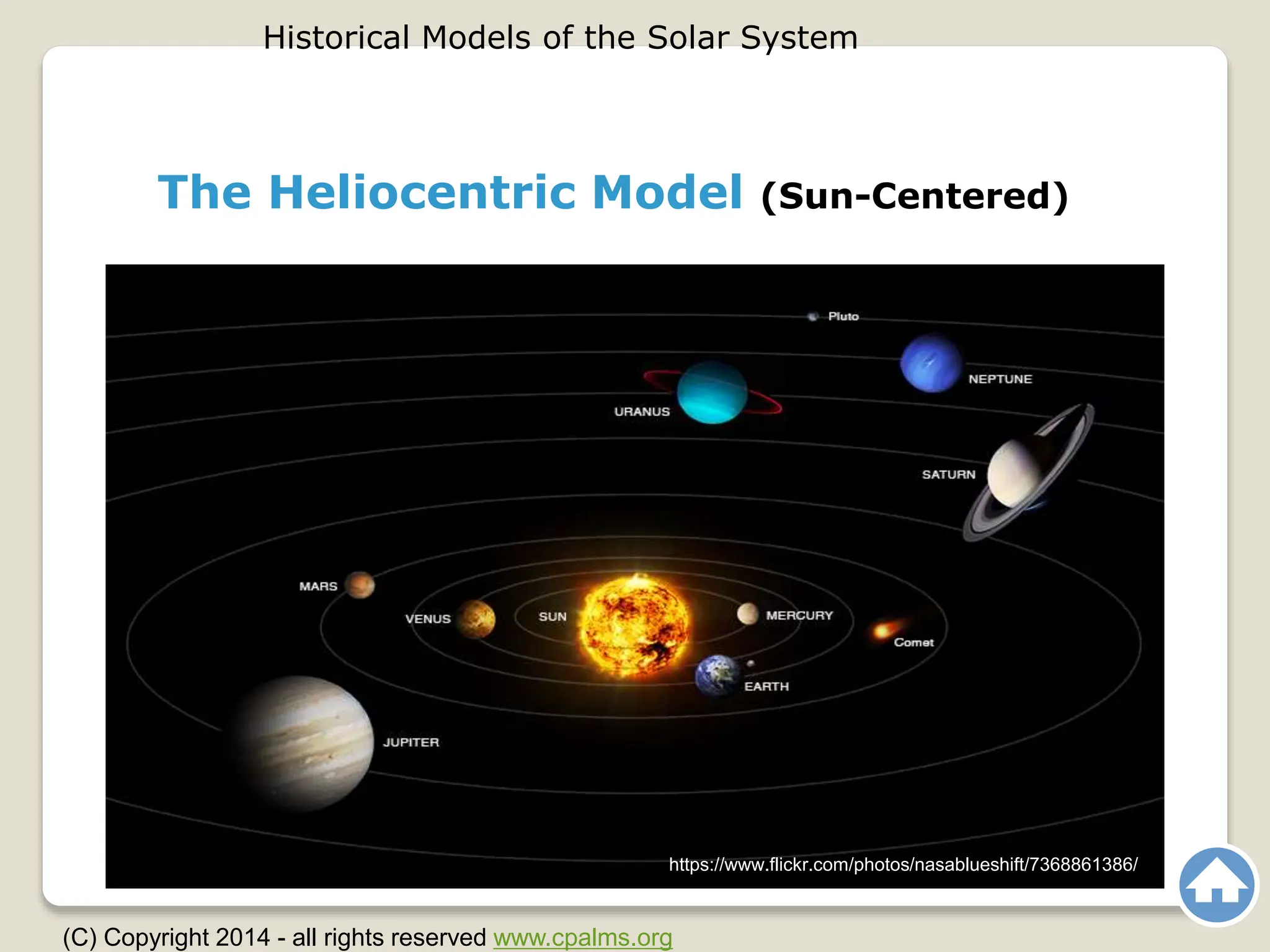 The Heliocentric Model (Sun-Centered)
Historical Models of the Solar System
(C) Copyright 2014 - all rights reserved www.cpalms.org
https://www.flickr.com/photos/nasablueshift/7368861386/
 