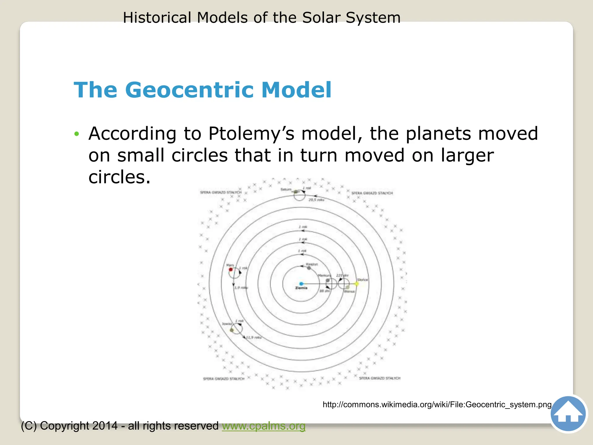 The Geocentric Model
• According to Ptolemy’s model, the planets moved
on small circles that in turn moved on larger
circles.
Historical Models of the Solar System
(C) Copyright 2014 - all rights reserved www.cpalms.org
http://commons.wikimedia.org/wiki/File:Geocentric_system.png
 