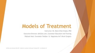 Models of Treatment
Instructor: Dr. Dawn-Elise Snipes, PhD
Executive Director: AllCEUs.com, Counselor Education and Training
Podcast Host: Counselor Toolbox & Happiness Isn’t Brain Surgery
AllCEUs.com Unlimited CEUs $59 | Addiction Counselor Certification Training $149 | Live Webinars $5 1
 