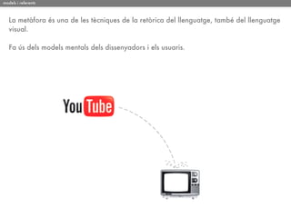 models i referents



   La metàfora és una de les tècniques de la retòrica del llenguatge, també del llenguatge
   visual.

   Fa ús dels models mentals dels dissenyadors i els usuaris.
 