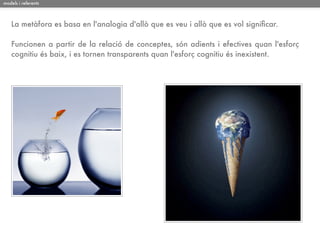 models i referents




   La metàfora es basa en l'analogia d'allò que es veu i allò que es vol signiﬁcar.

   Funcionen a partir de la relació de conceptes, són adients i efectives quan l'esforç
   cognitiu és baix, i es tornen transparents quan l'esforç cognitiu és inexistent.
 