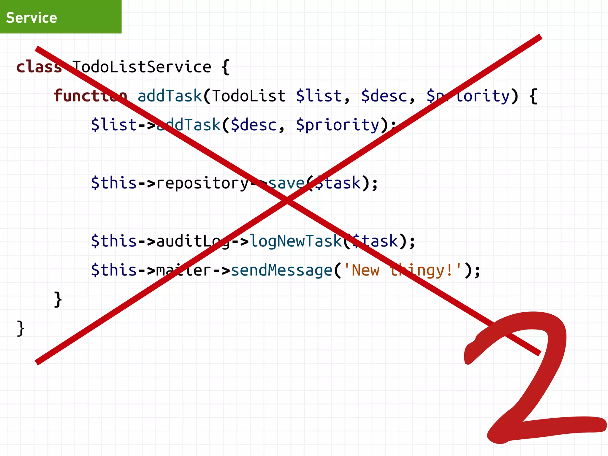 Model 
class TodoList { 
function addTask($desc, $priority) { 
$task = new Task($desc, $priority); 
$this->tasks[] = $task; 
} 
} 
 