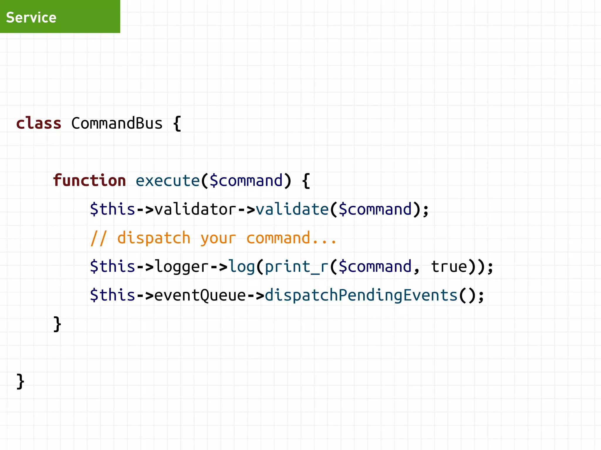 Controller 
function addTaskAction($req) { 
$command = new AddTaskCommand(); 
$command->description = $req->get('description'); 
$command->priority = $req->get('priority'); 
$command->todoListId = $req->get('todo_id'); 
$this->todoService->execute($command); 
return $this->redirect('edit_page'); 
} 
} 
 