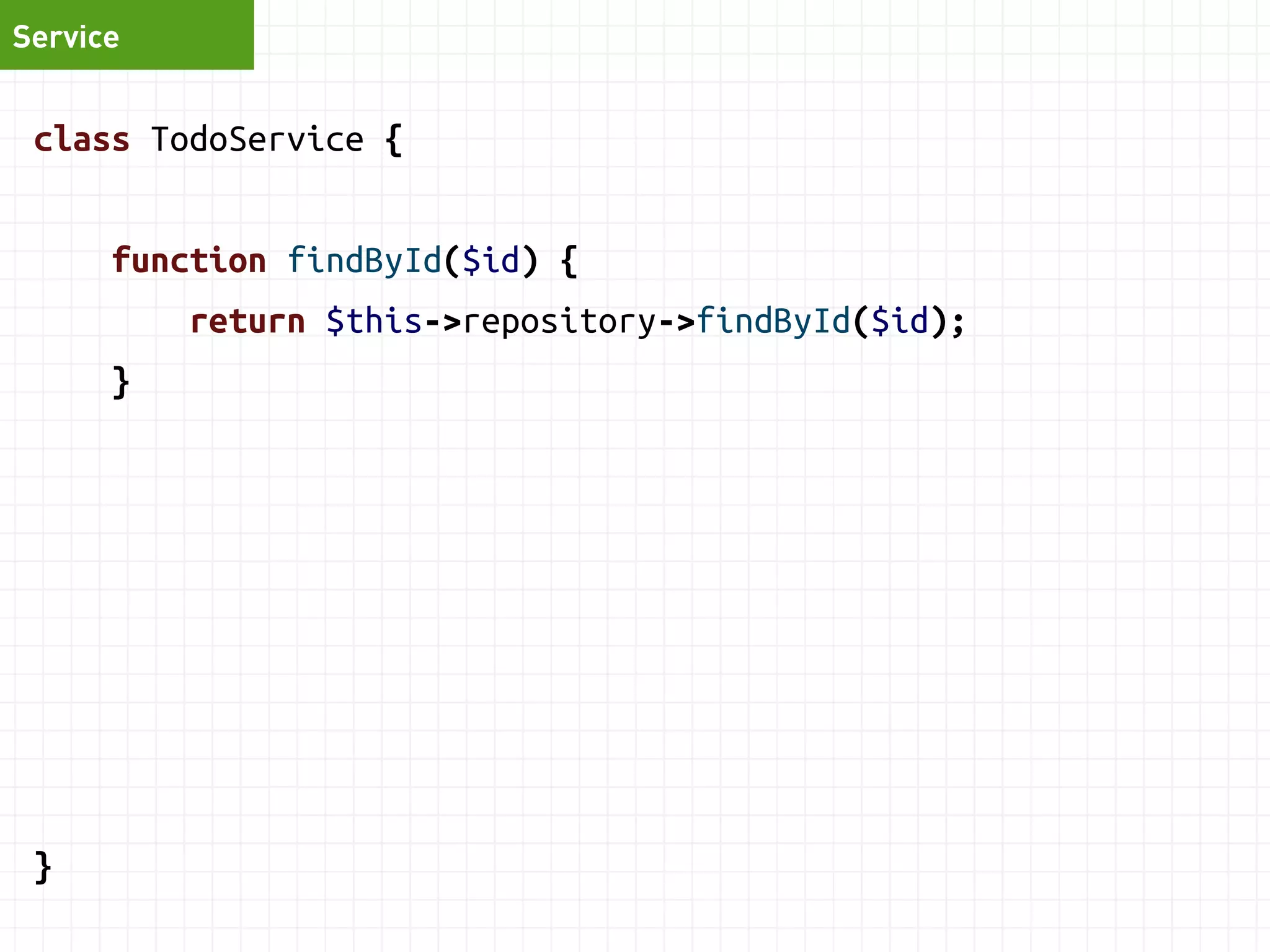 Service 
class TodoService { 
function addTask(TodoList $list, $desc, $priority) { 
$task = new Task(); 
$task->setDescription($desc); 
$task->setPriority($priority); 
$task->setTodoList($list); 
$this->repository->save($task); 
$this->auditLog->logNewTask($task); 
$this->mailer->sendMessage('New thingy!'); 
} 
} 
 