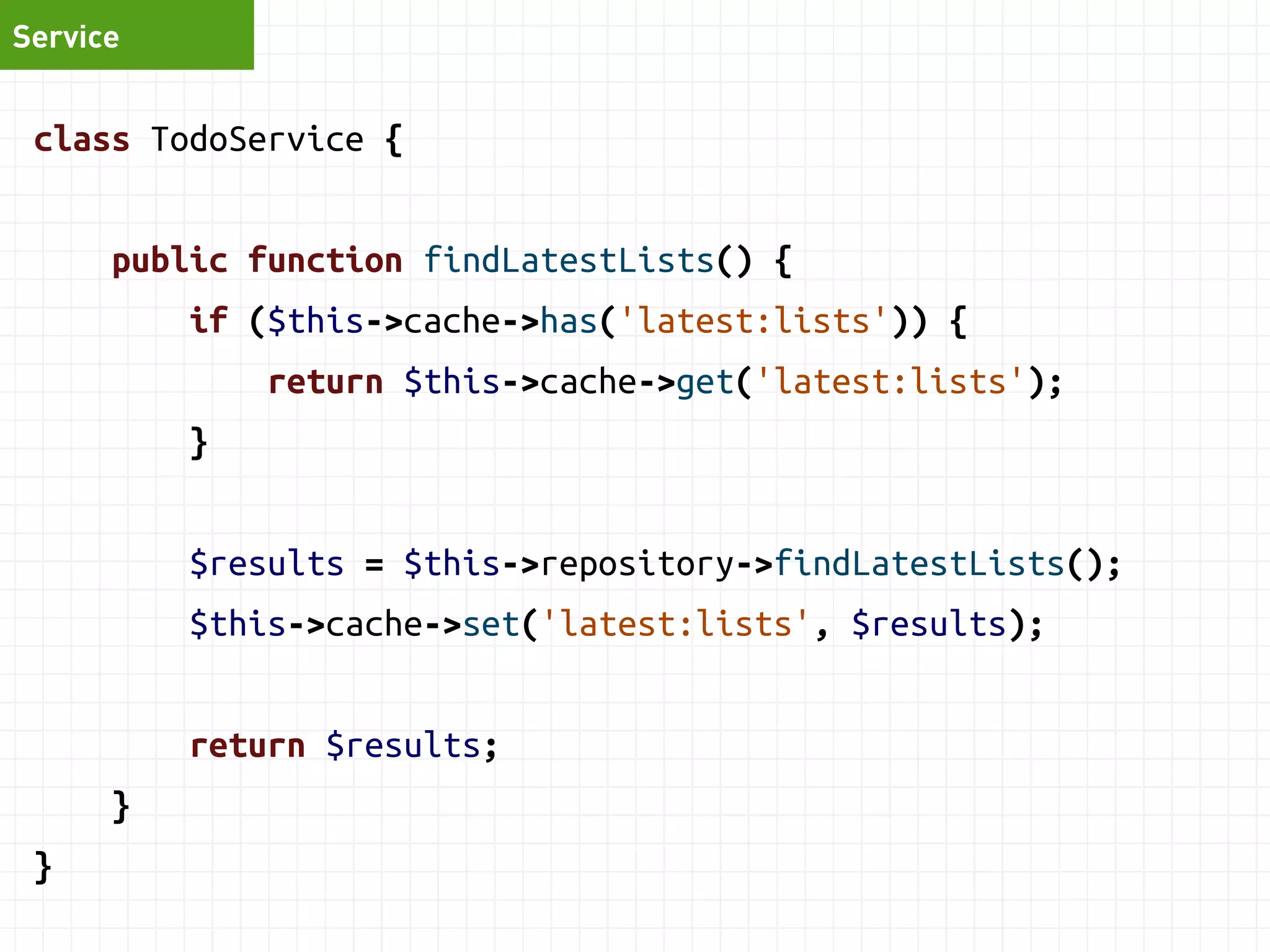 Service 
class TodoService { 
public function findLatestLists() { 
if ($this->cache->has('latest:lists')) { 
return $this->cache->get('latest:lists'); 
} 
$results = $this->repository->findLatestLists(); 
$this->cache->set('latest:lists', $results); 
return $results; 
} 
} 
 