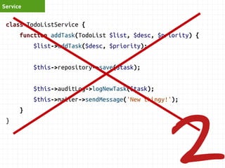Service 
class TodoListService { 
function addTask(TodoList $list, $desc, $priority) { 
$list->addTask($desc, $priority); 
$this->repository->save($list); 
$this->auditLog->logNewTask($task); 
$this->mailer->sendMessage('New thingy!'); 
} 
} 
 