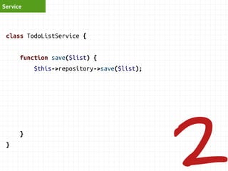 class TodoListService { 
function addTask(TodoList $list, $desc, $priority) { 
$list->addTask($desc, $priority); 
$this->repository->save($list); 
$this->auditLog->logNewTask($task); 
$this->mailer->sendMessage('New thingy!'); 
if (count($this->tasks) > 10) { 
$this->auditLog->logTooAmbitious($task); 
$this->mailer->sendMessage('Too unrealistic'); 
} 
Service 
 