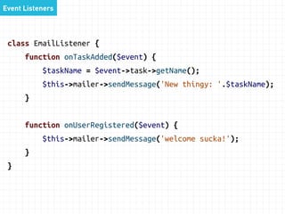 Service 
class TodoListService { 
function addTask(TodoList $list, $desc, $priority) { 
$list->addTask($desc, $priority); 
$this->repository->save($list); 
$this->auditLog->logNewTask($task); 
$this->mailer->sendMessage('New thingy!'); 
} 
} 
 