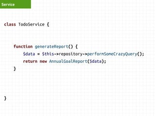 Controller 
function addTaskAction($req) { 
$list = $this->todoService->findById($req->get('id')); 
$this->todoService->addTask( 
$list, $req->get('desc'), $req->get('priority') 
); 
return $this->redirect('edit_page'); 
} 
 