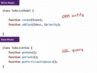Command 
use SymfonyComponentValidatorConstraints as Assert; 
class AddTaskCommand { 
/** @AssertLength(max="50") */ 
public $description; 
public $priority; 
public $todoListId; 
} 
 