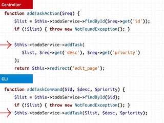 Controller 
function addTaskAction($req) { 
$list = $this->todoService->findById($req->get('id')); 
if (!$list) { throw new NotFoundException(); } 
$this->todoService->addTask( 
$list, $req->get('desc'), $req->get('priority') 
); 
return $this->redirect('edit_page'); 
} 
 