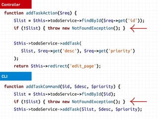 Controller 
function addTaskAction($req) { 
$list = $this->todoService->findById($req->get('id')); 
if (!$list) { throw new NotFoundException(); } 
$this->todoService->addTask( 
$list, $req->get('desc'), $req->get('priority') 
); 
return $this->redirect('edit_page'); 
function addTaskCommand($id, $desc, $priority) { 
$list = $this->todoService->findById($id); 
if (!$list) { throw new NotFoundException(); } 
$this->todoService->addTask($list, $desc, $priority); 
CLI 
 
