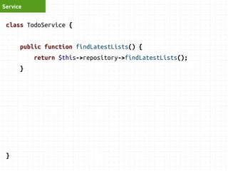 Service 
class TodoService { 
public function findLatestLists() { 
return $this->repository->findLatestLists(); 
} 
} 
 